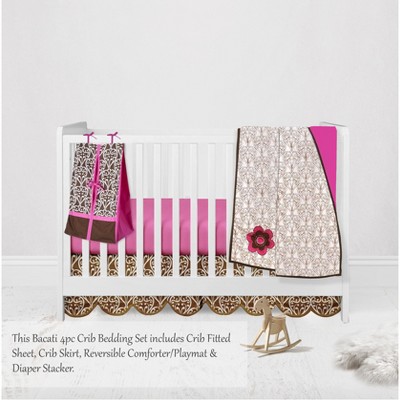 Bacati - Damask Pink Fuschia Chocolate 4 pc Crib Bedding Set with Diaper Caddy