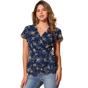Allegra K Women's Floral Printed V Neck Short Sleeve Tie Waist Wrap Blouse - 1 of 4