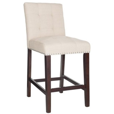 Beige Tufted Linen Transitional Counter Stool with Chrome Accents, Set of 2