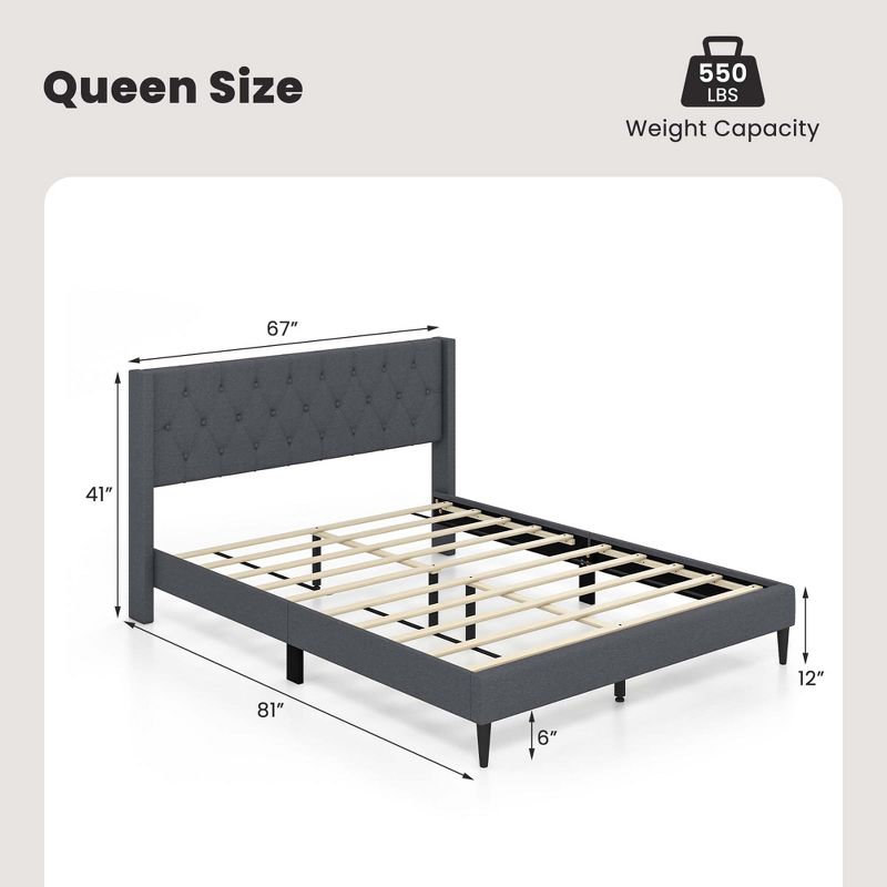Costway Queen Size Upholstered Platform Bed with Button Tufted Wingback Headboard Blue/Grey, 3 of 11