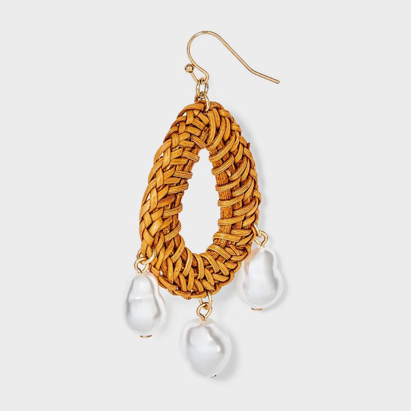 Raffia Oval Pearl Drop Earrings - A New Day&#8482; Gold/Brown, 3 of 4