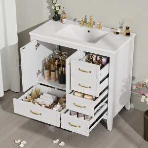 Mshliw 36" Freestanding Bathroom Vanity with Sink, 4 Drawers & Soft-Closing Doors, Solid Wood Frame, Ceramic Top, Faucet Not Included - 1 of 4