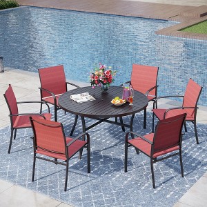 Captiva Designs 7pc Black Round Slatted Steel Table with Umbrella Hole & Textilene Chairs - 1 of 4