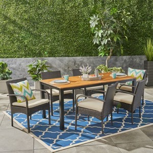 Christopher Knight Home Ballard Outdoor Wicker and Acacia Wood 7 Piece Dining Set with Cushion, Teak/Multibrown - 1 of 4