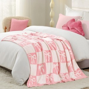 Snuggle Sac Pink Bow Throw Blanket Soft Reversible Knit Blankets 50*60" - 1 of 4