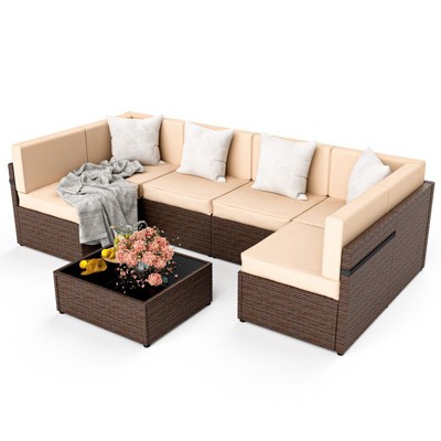 Pamapic 7-Piece Wicker Outdoor Sectional Set with Coffee Table and Cushions