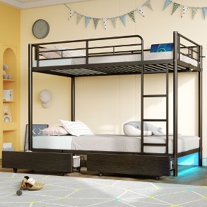 Greenstell Metal Bunk Bed Full Over Full Bed Frame with Storage Drawers & Charging Station and  LED Light ,with Safety Guardrail & Ladders Black - 1 of 4