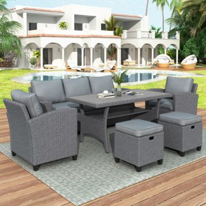 6 Piece Rattan Outdoor Patio Conversation Sets,Rattan Garden Sofa Set,Wicker Outdoor Patio Furniture Sets with Cushions and Ottoman-Coolbibila - 1 of 4