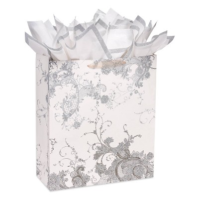 Large Vintage Lace Wedding Gift Bag With Silver Glitter Edge Four Sheets Of Tissue  Paper Silver/white - Papyrus : Target