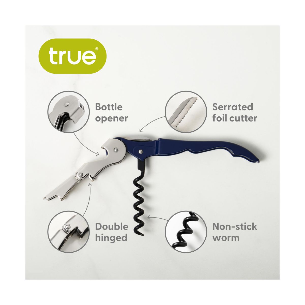 True Truetap Double Hinged Corkscrew Wine Opener, Stainless Steel Wine Key, Built-in Bottle Opener & Foil Cutter, Home Bar, Wedding Gifts, Navy Blue - thumbnail 2