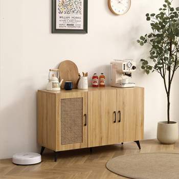 Freya Natural 16"D x 45.3"W x 28.3"H Three Door Rattan Net Side Cabinet with Adjustable Inner Shelves-Maison Boucle