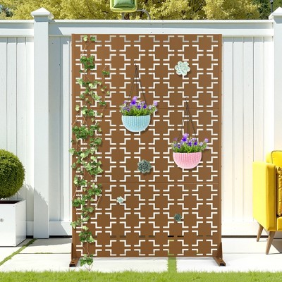 TOAOTBNBO Metal Privacy Screen with Stand, Decorative Privacy Fence Panels with Square Pattern, Outdoor Privacy Screen for Garden, Brown