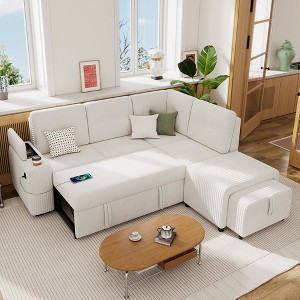 94" Convertible L-Shaped Sectional Sofa with Pull-Out Bed, Movable Ottoman & Stool, Hidden Storage, USB Ports & Cup Holder - 1 of 4