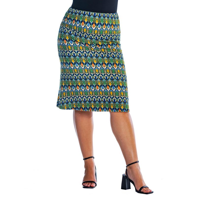 Womens Plus Size Green Geometric Elastic Waist Knee Length Skirt, 4 of 5