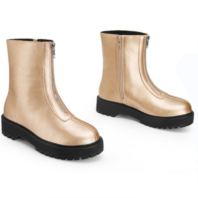BLISSFUL STEP Platform Block Heel Booties with Zipper Dressy Combat Boots for Women