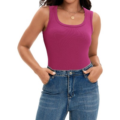 ATHLECHIC Women's Scoop Neck Ribbed Wide Strap Sleeveless Workout Basic Sport Tank Tops