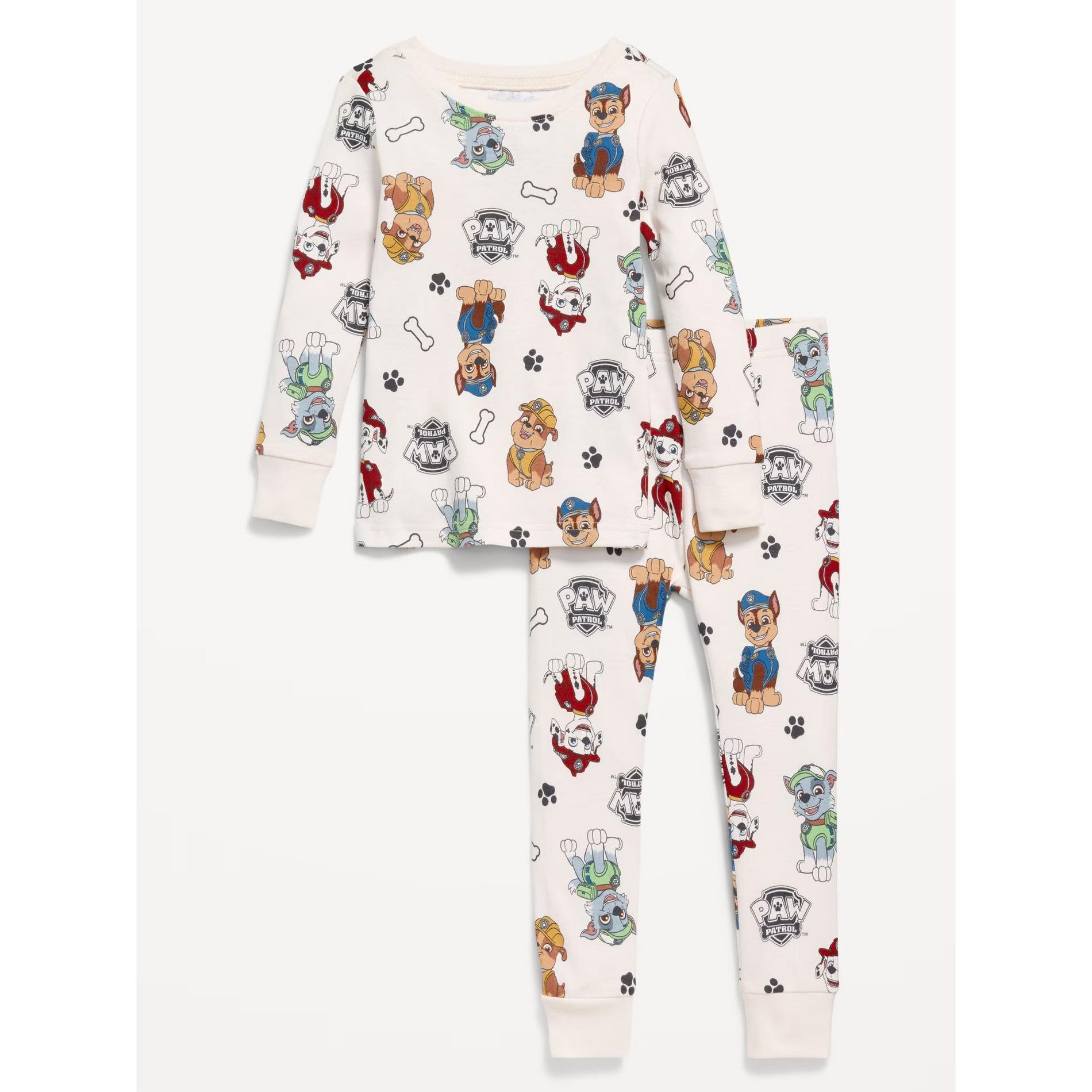 Paw Patrol Unisex 2-Piece Cotton Pajama Set, Long Sleeve Chase Marshall Rubble and Rocky All-Over Print Top and Pants, Cream