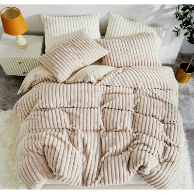 Evo Bytes 3 Pieces Fluffy Striped Duvet Cover Set Super Soft Faux Fur Winter Warm Fuzzy Fleece Bedding Set-King Duvet Cover + 2 King Pillowcases-Beige