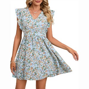 Coolmee Women's Summer Mini Dress V-Neck Ruffle Cape Sleeve Floral Print Casual Bodycon Tie Back Beach Short Dress - 1 of 4
