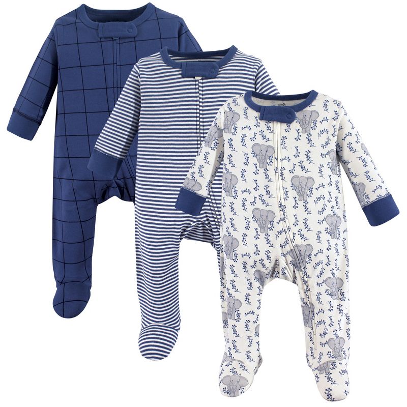Touched by Nature Baby Boy Organic Cotton Zipper Sleep and Play 3pk, Elephant, 1 of 3