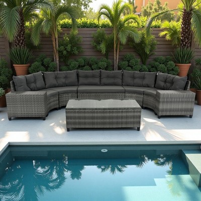 8-Piece Outdoor Patio Wicker Half-Moon Sectional Sofa Set with Rectangular Coffee Table