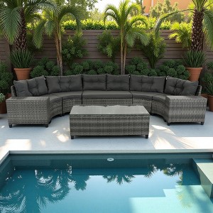 8-Piece Outdoor Patio Wicker Half-Moon Sectional Sofa Set with Rectangular Coffee Table - 1 of 4
