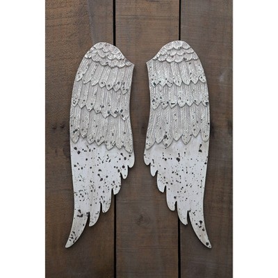 Distressed White and Silver MDF Angel Wings Wall Decor Set