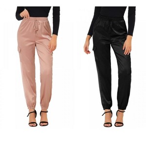 Allegra K Women's Drawstring Elastic High Waist Cargo Pocket Silky Satin Pants 2 Packs - 1 of 4