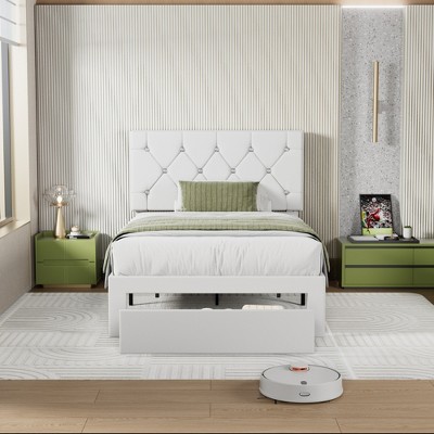 VECELO Queen/Full/Twin Size Bed Frame Leather Upholstered Platform Bed with Drawers and Headboard, Black/White
