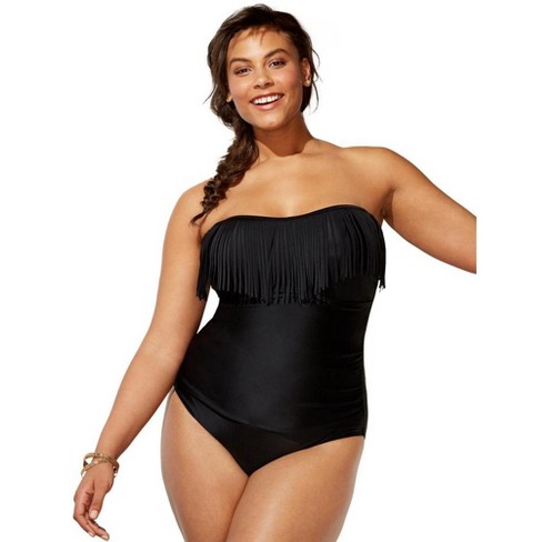Tummy Control Swimwear Black Strapless One Piece Swimsuit Ruched