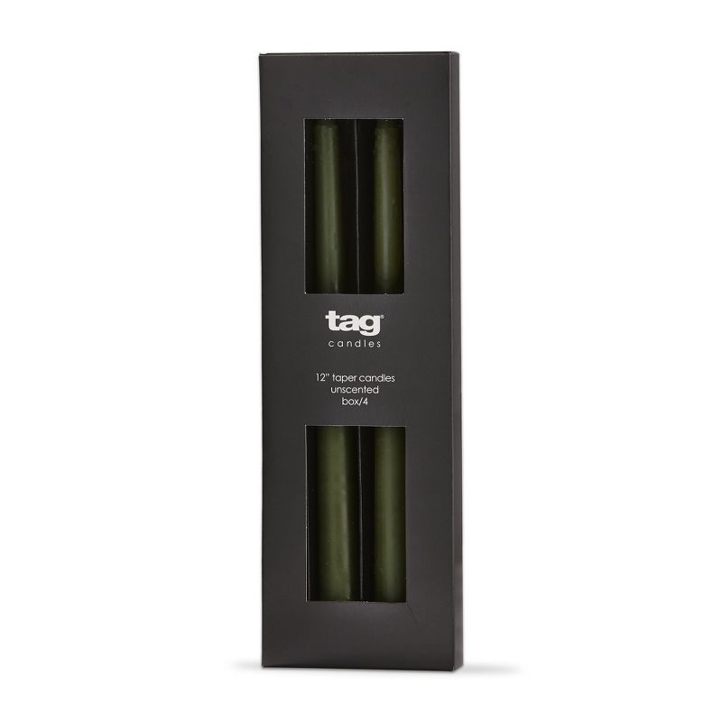 tag Color Studio 12" Traditional Taper Unscented Smokeless Paraffin Wax Candle Olive Green, Set of 4, Burn Time 8 hrs., 1 of 4