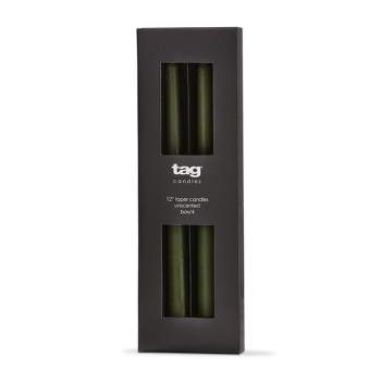 tag Color Studio 12" Traditional Taper Unscented Smokeless Paraffin Wax Candle Olive Green, Set of 4, Burn Time 8 hrs.