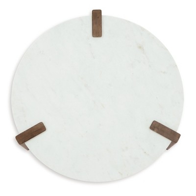 Round White Marble Top Coffee Table with Brown Wood Base