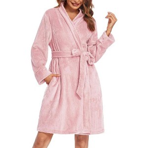 Ekouaer Women Fleece Bathrobe Plush Short Robe Long Sleeve Robe Attached Belt Soft Sleepwear Ladies Loungewear - 1 of 4