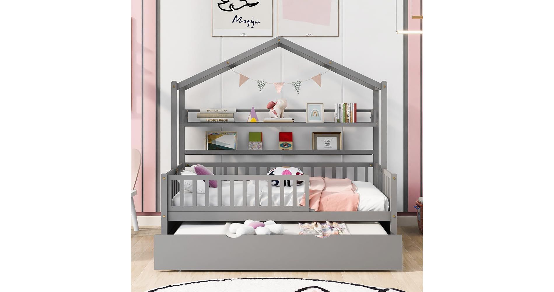 Acekool Twin Size House Bed with Drawers & Storage Shelves, Roof & Fence Rails, Playhouse Tent Bed Frame for Kids, Teens, Boys, Girls, Grey