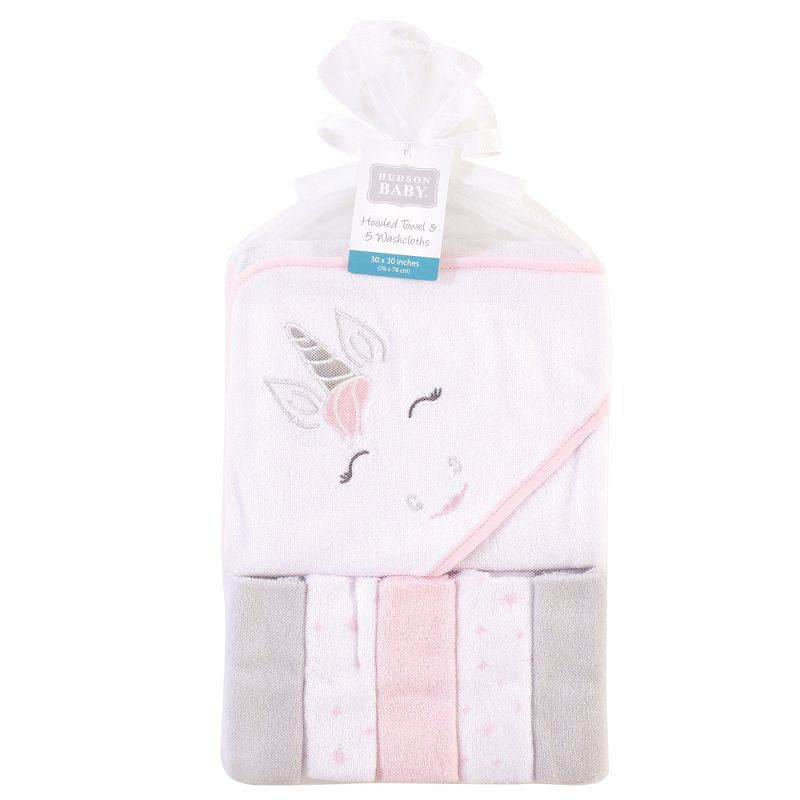 Hudson Baby Infant Girl Hooded Towel and Five Washcloths, Pink Unicorn, One Size, 3 of 4