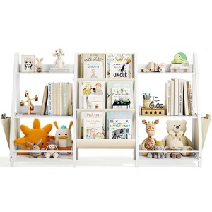 SUGIFT Kids Bookshelf and Toy Organizer, 3-Tier Wooden Book Rack with Sling Fabric Storage, Toddler Reading Shelf for Playroom - 1 of 4