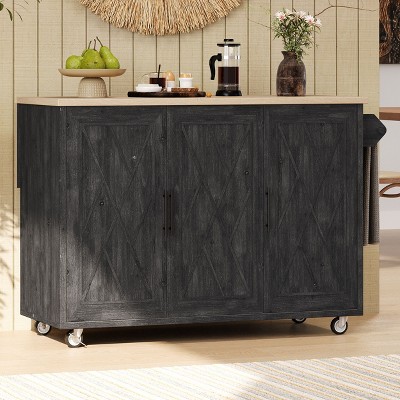 VYNXARIA K&K 51.2"W Geometric Twill Stripe Kitchen Island with Drop Leaf & Storage, Black