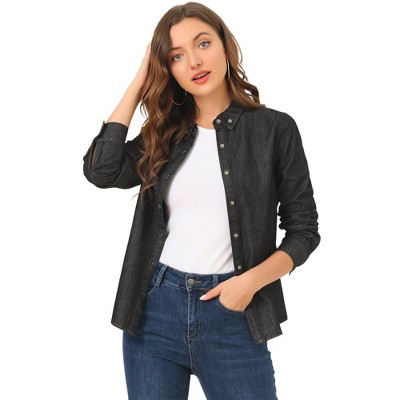 Allegra K Women's Classic Long Sleeve Loose Fit Button Up Denim Shirt