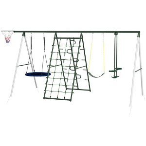 Ruvalino Playground Swings 5 in 1 Swing Set with Basketball Hoop and Climbing Net for Backyard, Green, 162.2"*70.9"*79.5" - 1 of 4
