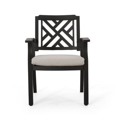 Waterford Black Aluminum Dining Chairs with Light Beige Cushions