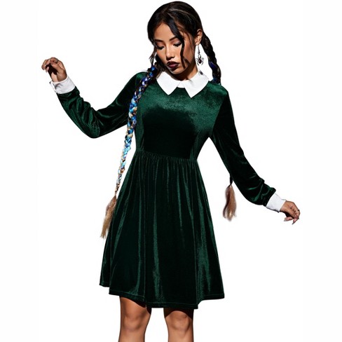 Women's Long Sleeve Casual Velvet Peter Pan Collar Fit and Flare Skater Dress - image 1 of 4