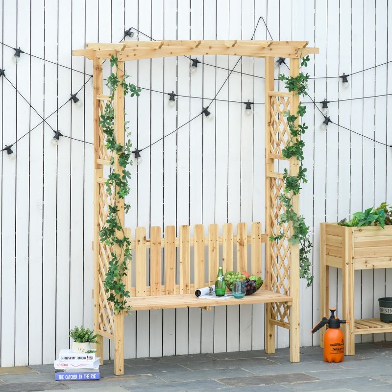 Outsunny Wooden Trellis Arbor Arch for Climbing Plants with Garden Bench, Grow Grapes & Vines, Patio Decor & 2-Person Seating, Natural, 3 of 8