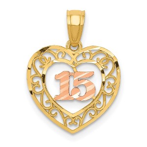 Black Bow Jewelry 14k Two Tone Gold Diamond Cut 15 Heart Pendant, 14mm - 1 of 4