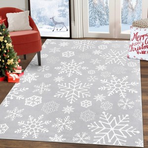 Christmas Area Rug, Snowflake Print Washable Soft Carpet with Non Slip Backing, Low Pile Stain Resistant Floor Mat for Living Room, Bedroom - 1 of 4