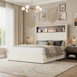 Polibi Velvet Bed Frame with Tufted Headboard, Shelf Storage, USB Ports & LED Light - 1 of 4