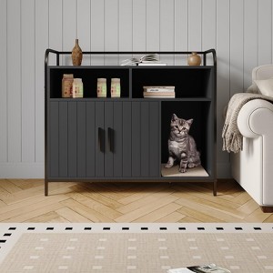 Cat Litter Box Enclosure, Wooden Cat Washroom Furniture with Barn Door, Hidden Litter Box Cover, Dog Proof - 1 of 4