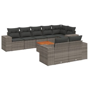 vidaXL 9 Piece Patio Sofa Set with Cushions Gray and Dark Gray Poly Rattan - Corner + 3x Middle + Table - 1 of 4