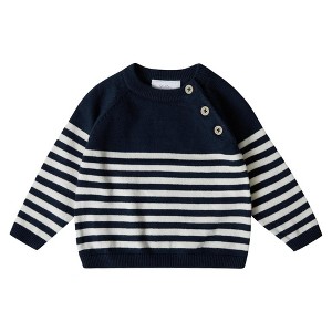 Stellou & Friends 100% Cotton Striped  Long Sleeve Crew Neck Sweater w/ Shoulder Buttons  - 18-24 Months / Navy with White Stripes - 1 of 4