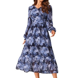 INSPIRE CHIC Women's Long Sleeve Floral V Neck Boho Ruffle Tiered Flowy Chiffon Midi Dress with Pocket - 1 of 4
